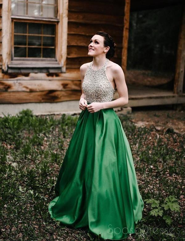 Halter perlée jupe verte une ligne longue robes de bal de soirée, pas cher Sweet 16 robes, 18310