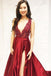 Sexy Side Slit profundo decote em V vermelho uma linha longos vestidos de baile, barato Sweet 16 vestidos, 18326