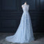 Sexy Blue Lace Beaded Illusion A-line Long Evening Prom Kleider, 17664