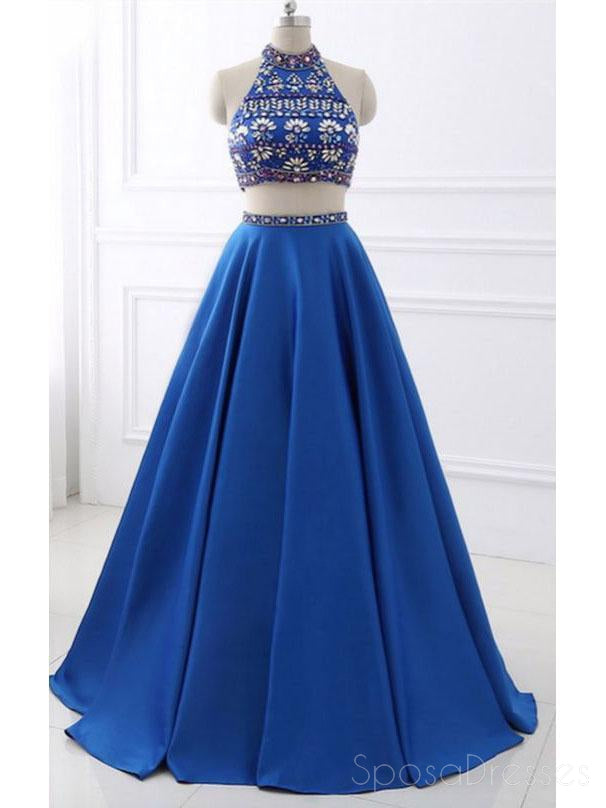 Sexy deux pièces strass dos ouvert bleu longues robes de bal de soirée, 17656