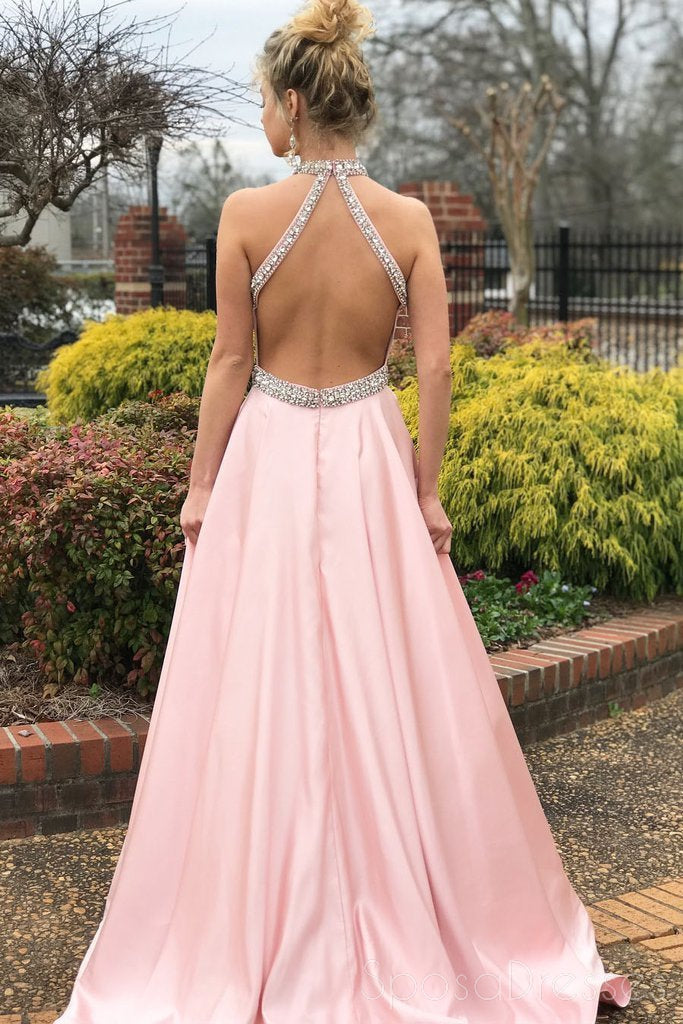 Sexy Backless Pink Halter A linha Long Evening Prom Dresses, 17685
