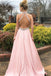 Sexy Backless Pink Halter A linha Long Evening Prom Dresses, 17685