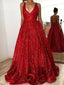 V Neck Backless Sparkly Red A-line Μακριά Βραδινά Prom Φορέματα, 17666