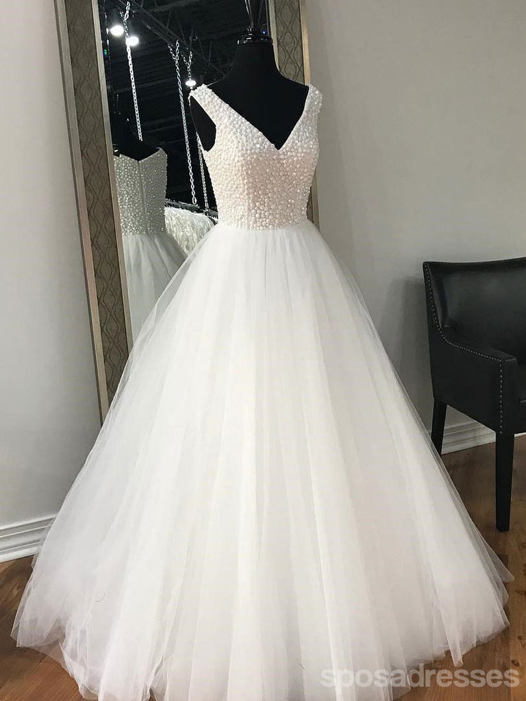 Β άσπρα Rhinestone λαιμών φτηνά γαμήλια φορέματα συνήθειας Α-γραμμών σε απευθείας σύνδεση, WD348