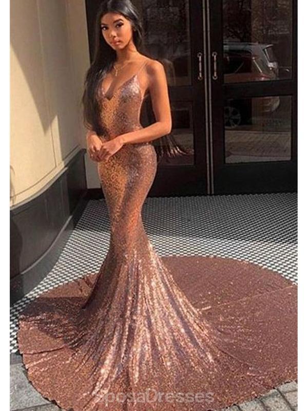Spaghetti Straps Rose Gold Mermaid Evening Prom Robes, Evening Party Prom Robes, 12212