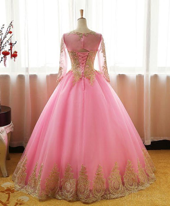 Μακρυμάνικα Χρυσή δαντέλα Ροζ Φούστα A-line Μακριά βραδινά φορέματα Prom, Φτηνά Sweet 16 φορέματα, 18415