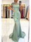 Sage Mermaid Short Sleeves Jewel Side Slit Cheap Long Prom Dresses,12873