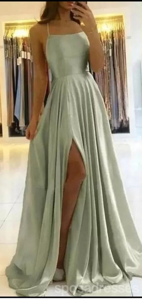 Sage A-line Spaghetti Straps High Slit Cheap Long Prom Dresses Online,12900