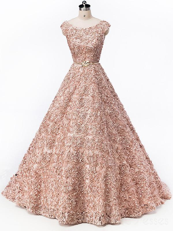 Καπέλο Μανίκια Soop Rose Gold Lace Long Evening Prom Φορέματα, Φθηνά Πάρτυ Χορός Φορέματα, 18612