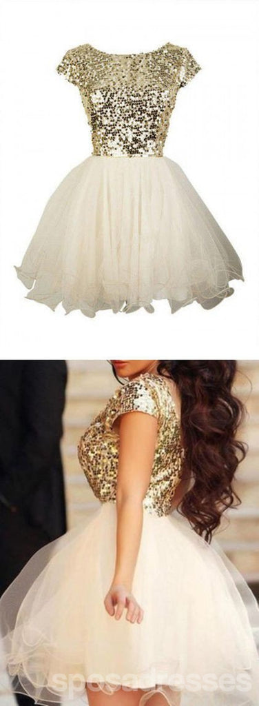 Χρυσό πούλιες κοντό μανίκι Tulle homecoming prom φορέματα, φόρεμα κοκτέιλ, CM0012