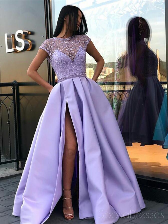 Bijoux Illusion Lilas Short Sleeves Side Slit Evening Prom Dresses, Cheap Sweet 16 robes, 18311
