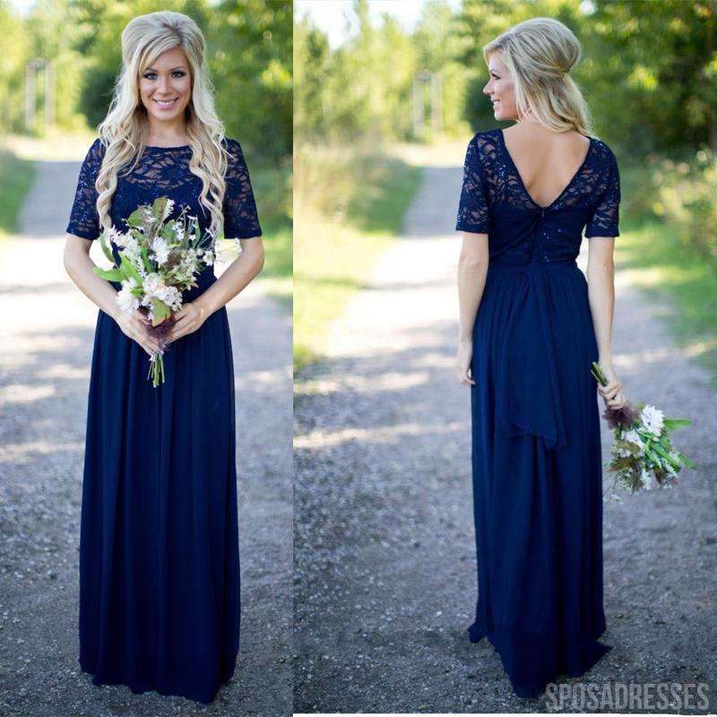 1/2 Long Sleeves Navy Lace Long Bridesmaid Dresses Online, WG789