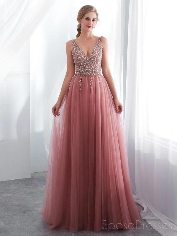Dusty Pink V-Ausschnitt Seitenschlitz Perlen lange Abend Prom Kleider, billige benutzerdefinierte Sweet 16 Kleider, 18519