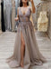 Sexy V Neck See Through Grey Side Slit Lace Long Evening Prom Vestidos, Cheap Sweet 16 Vestidos, 18440