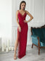 Rouge bretelles spaghetti sirène fente latérale longues robes de bal de soirée, pas cher Sweet 16 robes, 18339