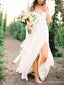 Spahgetti casual correias v pescoço lado fenda simples vestidos de casamento de praia, WD328