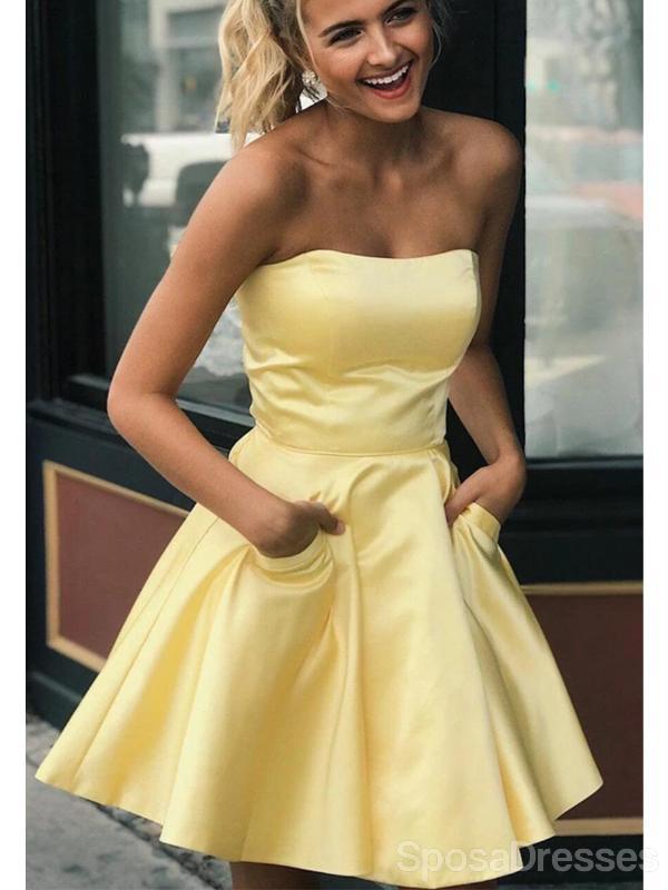 Le satin jaune sans bretelles le retour au foyer court bon marché habille des robes de bal d'étudiants courtes en ligne, bon marché, CM837