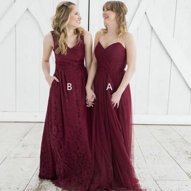 Mismatched Burgundy Tulle A-line Cheap Long Bridesmaid Dresses Online, WG366