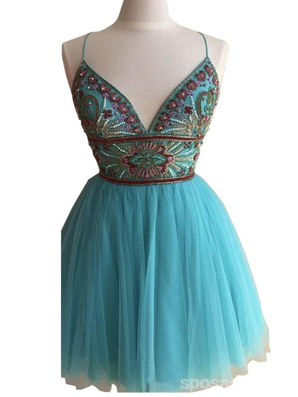 Turquoise lourdement perlée Tulle Short Homecoming Prom Dresses, Homecoming Cocktail Dresses, CM360