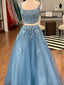 Dois Fatos Blue Lace Square Long Evening Prom Dresses, Cheap Party Custom Prom Dresses, 18630
