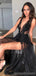 Black Straps V-neck High Slit See Through A-line Long Evening Party Prom Dresses, Dance Dresses,12526