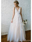 Champagne V Neck Cheap Wedding Dresses Online, Tule A linha de vestidos de noiva, WD436